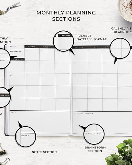 Smart Planner Pro – Undated Daily Planner – Medium B5 – Achieve Goals & Increase Productivity with Weekly, Monthly, Work Sections - Organizer Planner with Back Pocket, 3 Satin Bookmarks & Pen Holder