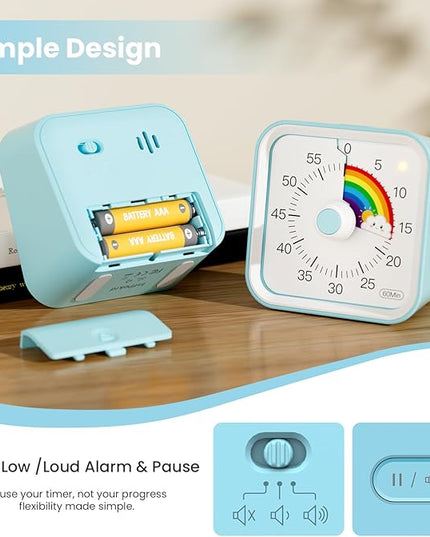 InfPokid Visual Timer for Kids with Pause Function, Cute Silent Timer with Rainbow for Classroom, Teaching, Task, Kitchen, 60 Minute Countdown Time Management for ADHD (Rainbow Blue)