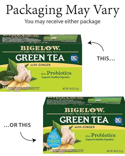 Bigelow Tea Green Tea with Ginger Plus Probiotics, Caffeinated Tea with Ginger, 18 Count Box, (Pack of 6), 108 Total Tea Bags