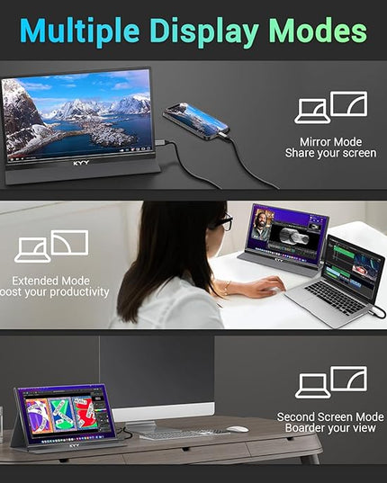 KYY Portable Monitor 15.6'' FHD 1080P USB C HDMI Gaming Monitor Ultra-Slim IPS Display w/Smart Cover & Speakers, Plug&Play, External Monitor for Laptop PC Phone Mac Xbox PS4