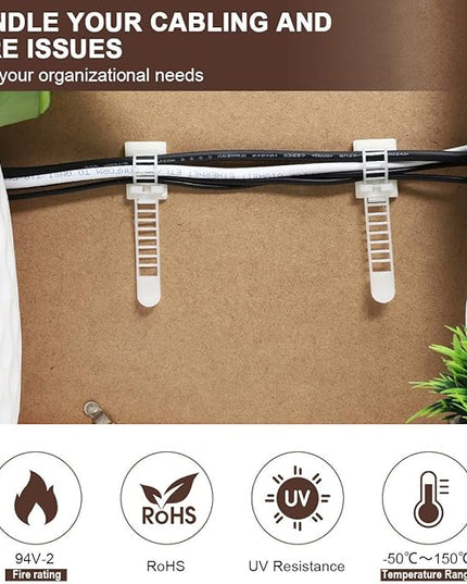 100Pcs Adhesive Cable Management Clips with 50Pcs Zip Ties, Adjustable Nylon Cable Strap Ties Wire Clips Clamps Organizer, Extra Screw & Hole - 3.55 Inch White
