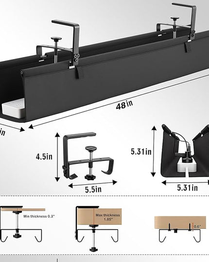 Desk Cable Management Tray, Fabric Cable Organizer, No Drill Large Clamp/Screw Mount Wire Organizer-Support Up to 30lbs, Standing Desk Cable Management for Office Home (Black,48 Inch)