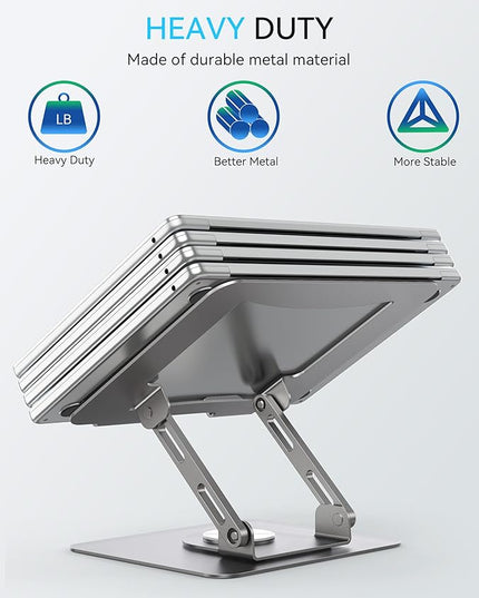 SOUNDANCE Laptop Stand with 360° Rotating Base, Ergonomic Computer Riser for Desk, Adjutable Height Muti-Angle, Foldable Laptop Mount, Stable Metal Holder Support 10-15.6" Notebook PC, Silver Grey