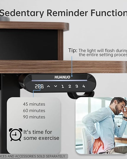 HUANUO 55" x 26" Electric Standing Desk with 2 Drawers, C-Clamp Mount Compatible, Height Adjustable Computer Desk, Home Office Stand Up Desk with 4 Preset Heights & 2 Hooks, Walnut