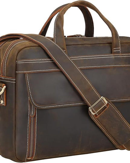 Masa Kawa Leather Briefcase for Men 15.6", 17" Laptop Computer Case Business Travel Work Messenger Cross Body Shoulder Bag