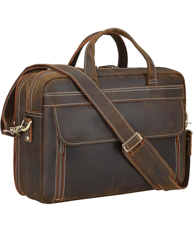 Masa Kawa Leather Briefcase for Men 15.6", 17" Laptop Computer Case Business Travel Work Messenger Cross Body Shoulder Bag