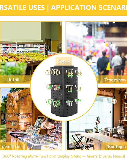 BYCY Rotating Pegboard Display Stand with 30 Hooks,Metal Spinning Peg Board Displays for Craft Shows,4-Sided Jewelry and Accessories Display Racks for Markets,Vendors,Events&Retail Stores (Black)