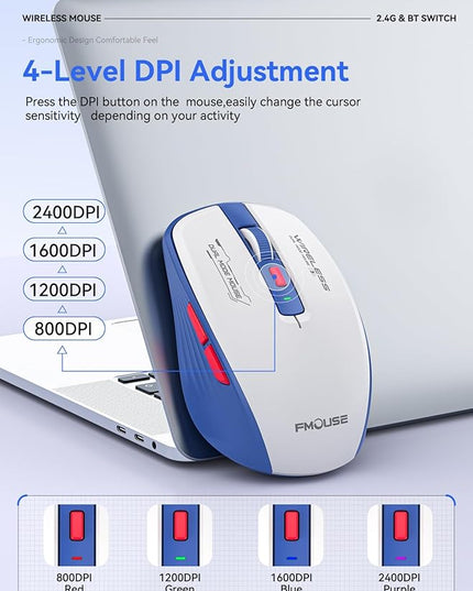 Wireless Mouse (Bluetooth & 2.4GHz USB) with Forward/Backward Side Keys, Silent Click, Ergonomic Portable AA Battery Mice for Laptop/Mac/iPad - Office & Travel Use, White & Blue