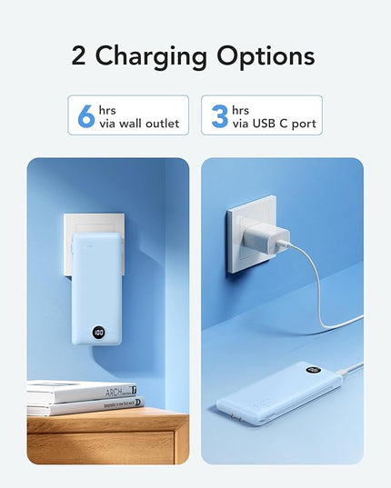 VRURC Portable Charger with Wall Plug and Cables, 10000mAh Power Bank with 22.5W Fast Charging USB Port,4 Outputs Dual Inputs Slim Compact Rechargeable Battery Pack Travel Accessories-Blue(1 Pack)