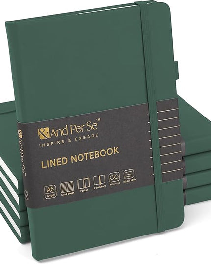 &And Per Se Lined Journal Notebook (5 Packs), 160 Pages, A5 5.7 x 8 inches College Ruled Thick Paper Notebook Journals for Writing, Hardcover Notebooks for Women Men Office School (Green)