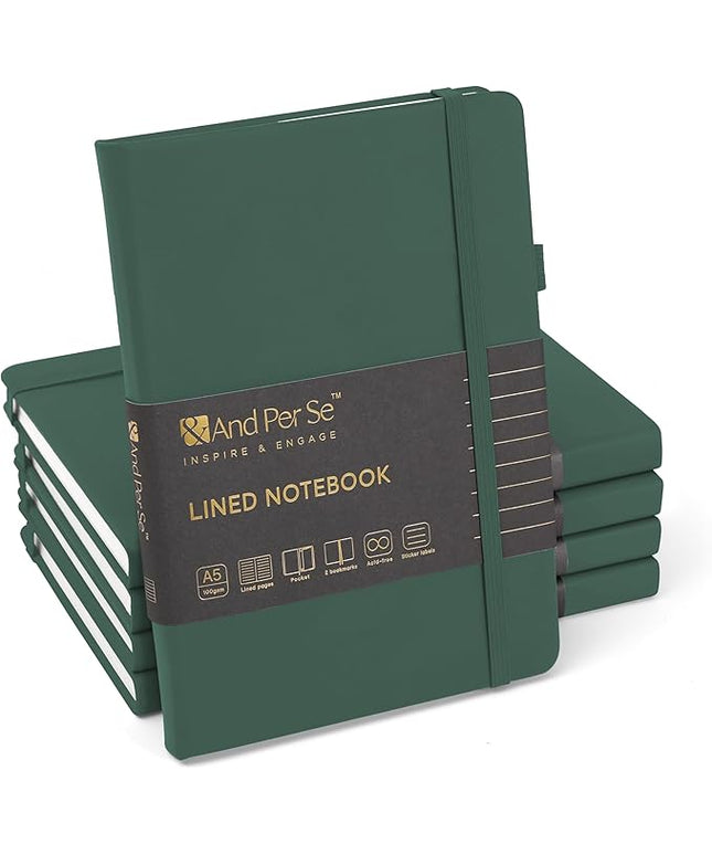 &And Per Se Lined Journal Notebook (5 Packs), 160 Pages, A5 5.7 x 8 inches College Ruled Thick Paper Notebook Journals for Writing, Hardcover Notebooks for Women Men Office School (Green)