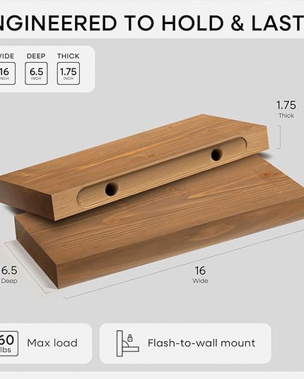 Homeforia 16 inch Golden Oak Floating Shelf, High End Solid Real Wood 16inch Small Floating Shelves for Wall Mounted, Oak Wooden 16in Floating Shelves, Heavy Duty Bracket, 16 X 6.5 X 1.75 in, Set of 3
