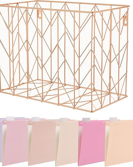 Beramon Hanging File Folder Kit Includes 1 Rose Gold Hanging File Desk Organizer and 24 Pack Hanging File Folders Letter Size with 1/5 Cut Tabs Design for School Office Home Supplies, Pink Design