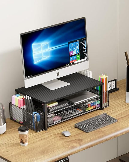OPNICE Desk Organizer and Accessories, 2-Tier Computer Monitor Stand with Drawer and 2 Pen Holders, Laptop Stand, Office Desk Accessories for Office Supplies, Carbon Fiber