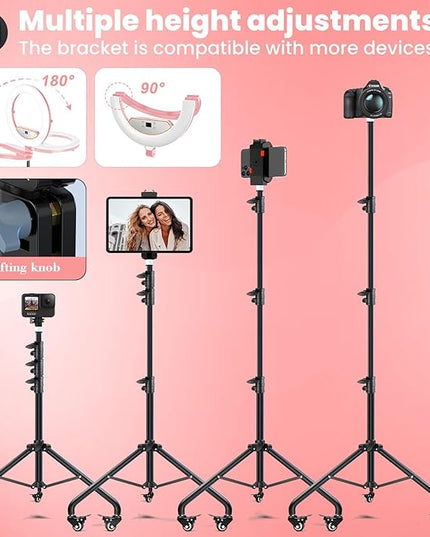 22" Foldable Ring Light with Stand for iPhone ipad, 75" Tripod with Wheels 50W 6500K LED Display/2 USB Ports Large Ringlight Rolling, Tattoo Barber Makeup Studio Video Photography Lighting(Pink)