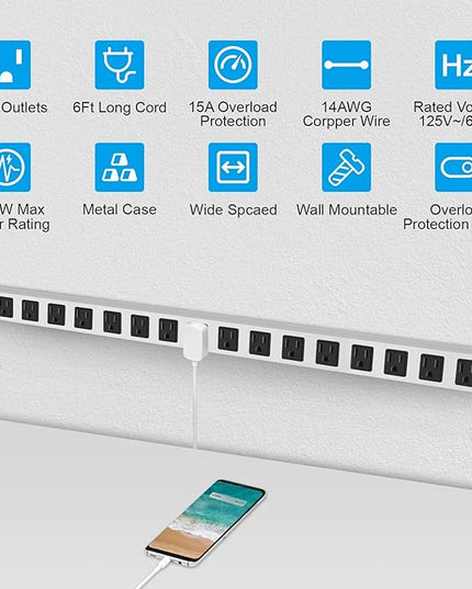 JUNNUJ Metal 16 Outlet Power Strip, Mountable Heavy Duty Power Strip, 1200J Surge Protector Wall Mount Screws Outlet with Switch, Gaming Desk Strips Wide Spaced 15A 125V 1875W, 6 FT 14AWG Power Cord