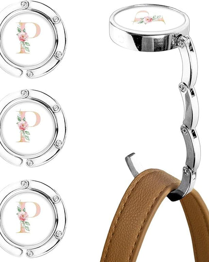 XSUIOY 3Pcs Personalized Initial Foldable Purse Hook for Table,Crushed Flower Letters Folding Purse Hanger,Purse Holder Handbag Hanger Collection Desk Table Bag Hooks Gifts for Women Bag(Pink-P)
