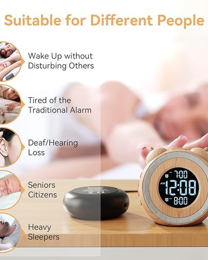 uscce Dual Extra Loud Alarm Clock with Bed Shaker - 0-100% Dimmer, Vibrating Alarm Clock for Heavy Sleepers or Hearing Impaired, Easy to Set, Snooze, Battery Backup, Wake with a Shake(Wood Grain)