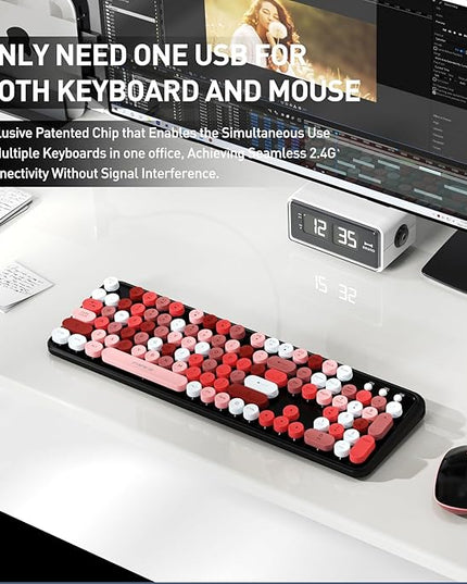 FOPETT 2.4GHz Wireless Keyboard and Mouse Set with Switch Button - Full-Size Keyboard - Compatible for Windows/Laptop/PC/Notebook/Smart TV and More - Black Colorful