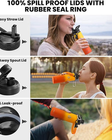 Insulated Water Bottle 20 oz, Triple Wall Vacuum Stainless Steel (Cold for 48 Hrs), Leak Proof & Non-BPA, Kids Water Bottle Jug for School with Straw Spout Lids, Ombre Orange