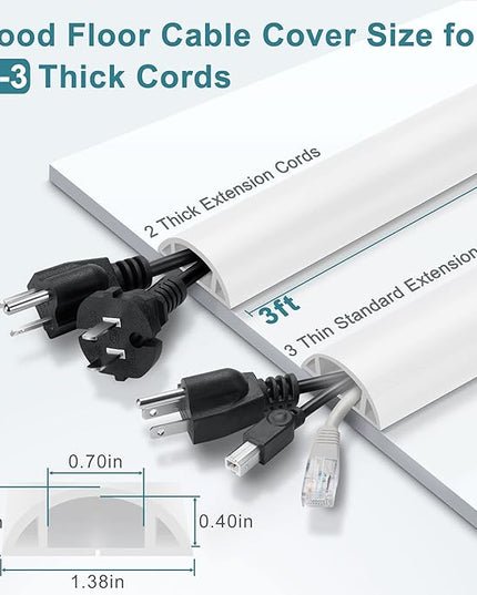 Cord Hider Floor - 3FT White Cord Cover, Soft PVC Wire Covers - Hides Cords - 0.7" W x 0.4" H