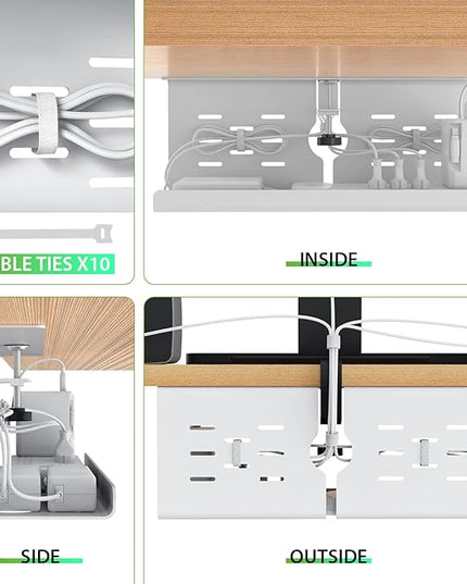 KEEGH 16'' Under Desk Cable Management Tray, Drill Free Clamp/Screws Mount, Sturdy Metal Cable Tray for Place Power Strip, Cord Management Tray Rack, Home, Office, White