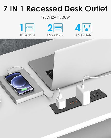 VILONG Recessed Power Strip with PD 20W USB-C, Flush Mounted Drawer Outlet, 4 Outlets & 3 USB Ports, Conference Desktop Built in Power Strip, 6.5FT Extension Cord(Black)