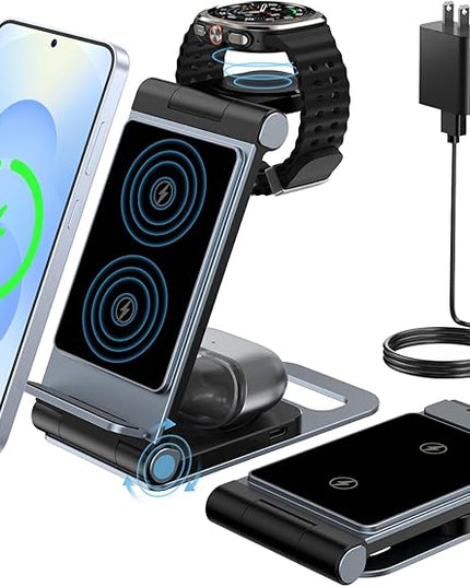 Wireless Charger for Samsung 3 in 1 Wireless Charging Station Foldable Wireless Charger Stand for Samsung S25 Ultra S24 S23 S22 Z Flip Z Fold 7 6 5 4 3 for Galaxy Watch 8/7/6/5/4/ Galaxy Buds