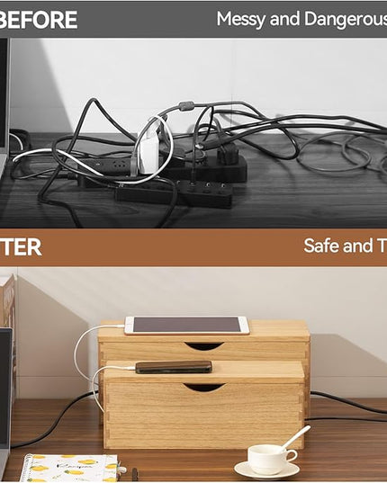 KIRIGEN Cable Management Box Wooden Cord Organizer Hide Power Strip Desk Wires Protector for Home Office TV Computer (DXH2T-NA)