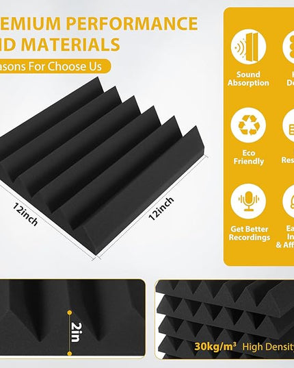 36 Pack Acoustic Foam Panels 2" x 12" x 12" Sound Proof Foam Panles Saiqiang Soundproofing Noise Absorbing Wedge Black Panels for Wall Studio Foams with Double-Side Adhesive