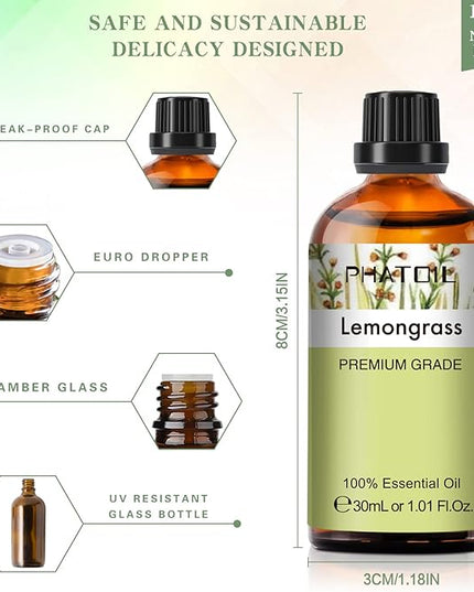 Lemongrass Essential Oil 1.01fl.oz/30ml, PHATOIL Lemongrass Oils Long Lasting Scents for Aromatherapy, Diffuser, DIY Soap and Candle Making