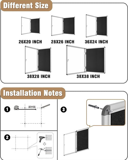 Mifuro 26"x20" Enclosed Bulletin Board, Lockable Weather-Resistant Aluminum Cork Noticeboard for School & Office, Silver Frame w/Black Flet