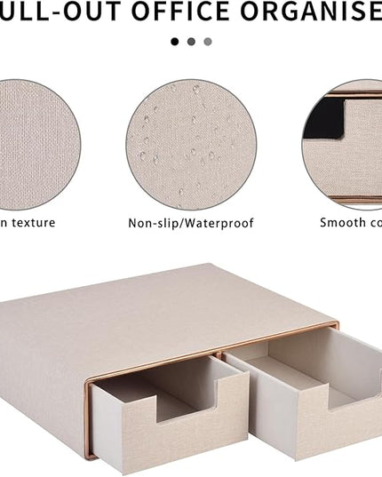 RHCSZ Linen Leather Desk Organizer with Drawers－Mini Desktop Drawer Organizer Stackable－Multifunctional Tabletop Organization Storage Box for Office Supplies Home Vanity Toiletries (Beige, 2-drawers)