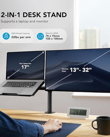 HUANUO Adjustable Monitor Stand, Single Arm Desk Mount for 32 inch Screen and 17 inch Laptop, Heavy Duty Ergonomic Bracket Holds 22lbs
