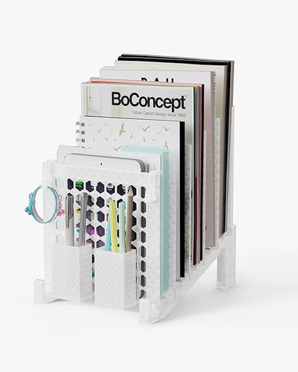 File Organizer for Desk with Storage Box & Hook, Inclined Desk File Organizer with 5-Section Vertical File Holder suitable for Home Office Document Organization (Ice Crystal