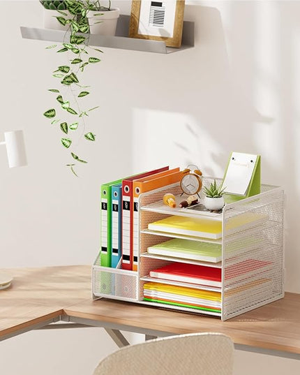 Marbrasse Desk Organizer with File Holder, 5-Tier Paper Letter Tray, Mesh Desk Organizers and Accessories with Magazine Holder, Desktop Organizer and Storage for Office Supplies (White)