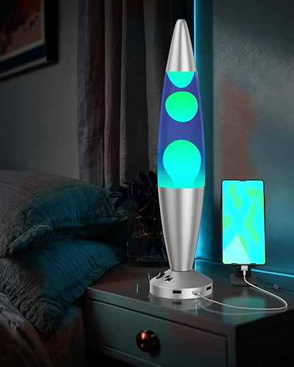 JAMBO 16-Inch Beautiful Lamp with Wax, Relaxing Night Light Home Decor, Extra Tall, Living Room Office Bedroom Lamp for Adults, Teens, Kids (USB, Auto Shut Off, Silver Base, Blue Liquid, Yellow Wax)