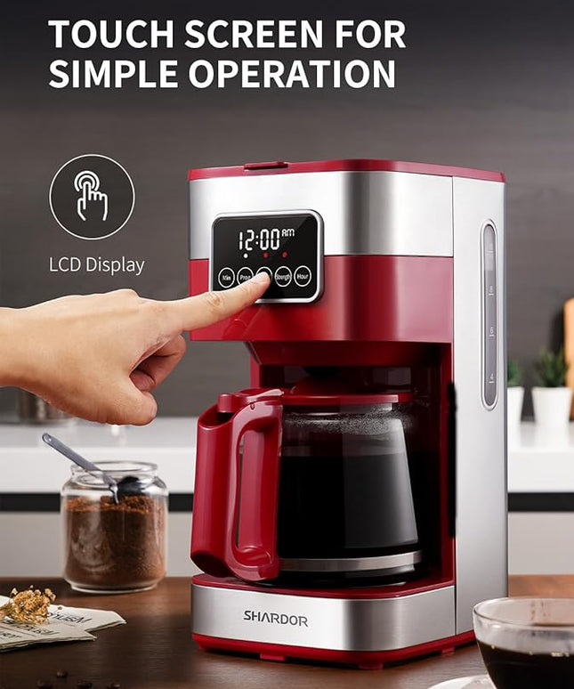 SHARDOR 10-Cup Programmable Coffee Maker, Regular & Strong Brew Drip Coffee Machine for Home and Office, Auto Shut Off, Permanent Filter (red)