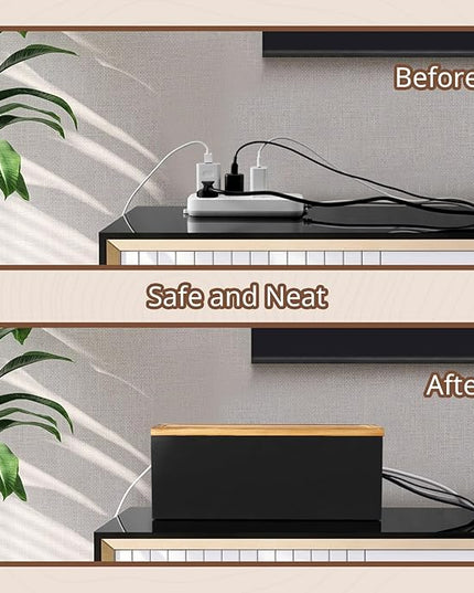 Large Wood Cable Management Box - Cable Organizer Box - 2 Open Slots Cords Hider Box - Under Desk Cord Organizer for Power Strip Extension Cord Surge Protector Charger Wire, Black