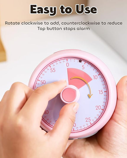 Conchstar Visual Timer for Kids 60-Minute - Countdown Timer with Optional Alarm, Focus Tool for ADHD & Autism, Time Management for Homework, Chores, Office, Kitchen, Teaching & Study Routines (Pink)