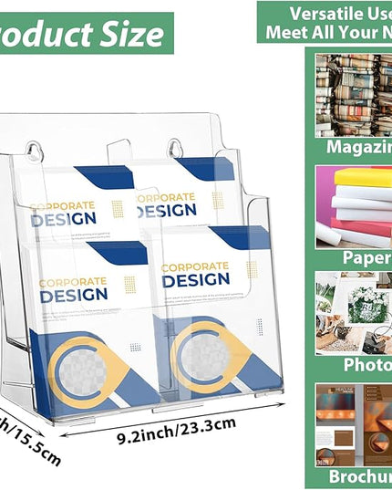 2 Pack 2 Tier Acrylic Brochure Holder 8.5x11 & 4 x9 Inches Wall Mount Brochure Display Stand Clear Pamphlet Holder Literature Holder Plastic Flyer Holder for Trifold, Magazine, Document