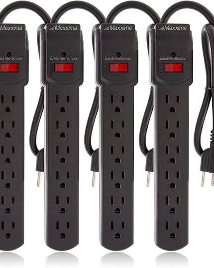 Maxxima 4-Pack 6 Outlet Power Strip Surge Protector - 300 Joules, Features Red On/Off Switch, Powers Multiple Electronics and Devices Simultaneously, Perfect for Home Appliances - Black