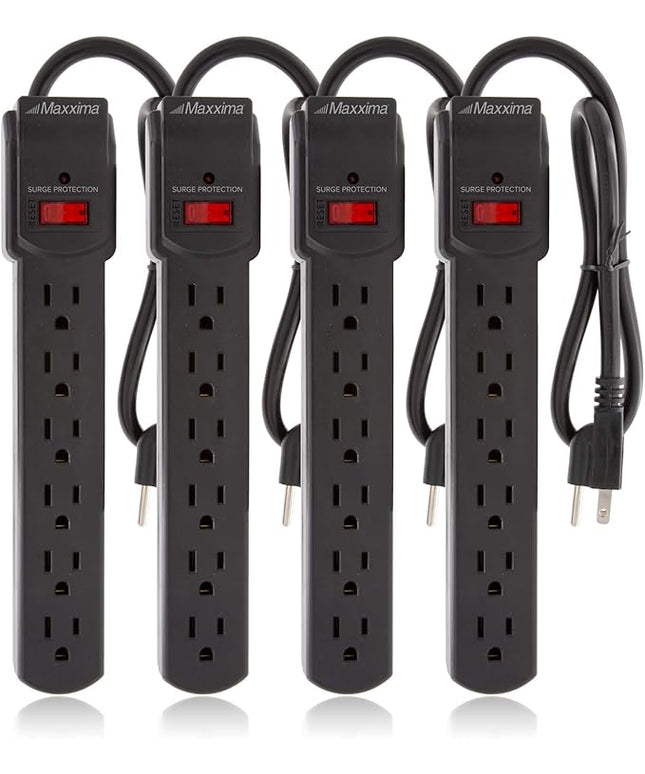 Maxxima 4-Pack 6 Outlet Power Strip Surge Protector - 300 Joules, Features Red On/Off Switch, Powers Multiple Electronics and Devices Simultaneously, Perfect for Home Appliances - Black