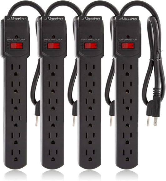 Maxxima 4-Pack 6 Outlet Power Strip Surge Protector - 300 Joules, Features Red On/Off Switch, Powers Multiple Electronics and Devices Simultaneously, Perfect for Home Appliances - Black
