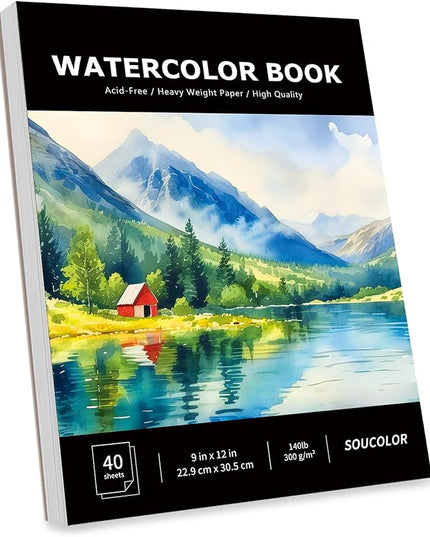 Soucolor Watercolor Paper Pad, 9"x12" Water Color Paper, 140lb/300gsm 40 Sheets Artist Painting Drawing Paper Book, Art Supplies for Adults, Watercolor Paint Set, Sketchbook, Journal, Notebook