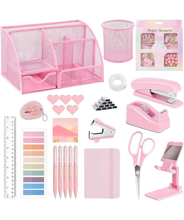 Office Supplies,Desk Accessories,Stapler and Tape Dispenser Set,1000 Staples,Staple Remover,Pen Holder,Folding Phone Holder,Journal Notebook,Ballpoint Pen,Scissor,Ruler,Clear Tape,Sticky Notes,Ect