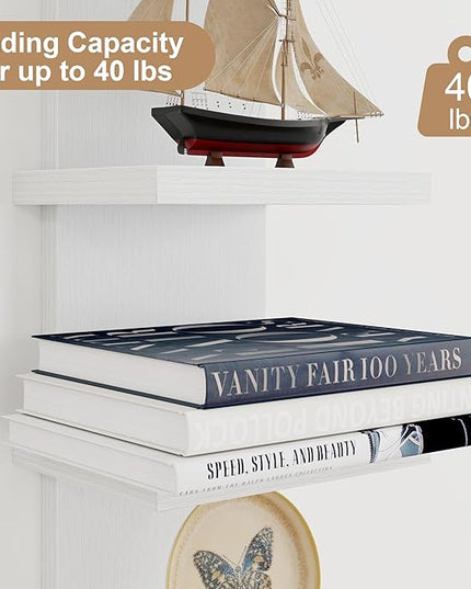 5 Tier Wall Shelf Unit, Decorative Wall Mount Vertical Shelving, Floating Storage Home Decor Organizer Tall Tower Design Utility Shelving Bedroom Living Room, Modern White 2Pack