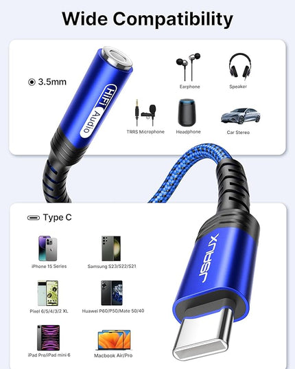 JSAUX 2-Pack USB Type C to 3.5mm Female Headphone Jack Adapter, USB C to Aux Audio Dongle Cable Cord Compatible with iPhone 15 Pro Max/15 Pro/15 Plus/15, Samsung Galaxy S23/S22, iPad Pro, Pixel -Blue