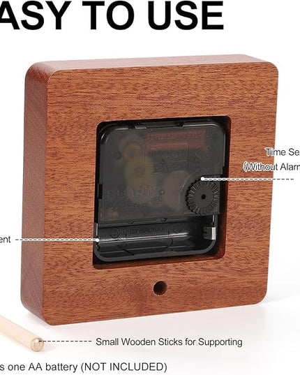 Kattepote Wooden Table Clock on Stand, Decorative Battery Operated Desk and Shelf Clock, Silent Non-Ticking Desktop Clock for Office, Living Room or Bedroom Decor, Square Shape, Sapele Wood