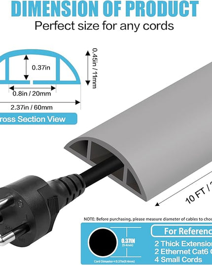 Floor Cord Cover Cavity 0.8"x0.37" Self Adhesive Cord Hider, 10FT Low Profile Cable Management, Extension Strip Protector for Wires, Prevent Cable Trips for Offices, Gyms, Exhibitions（Gray）